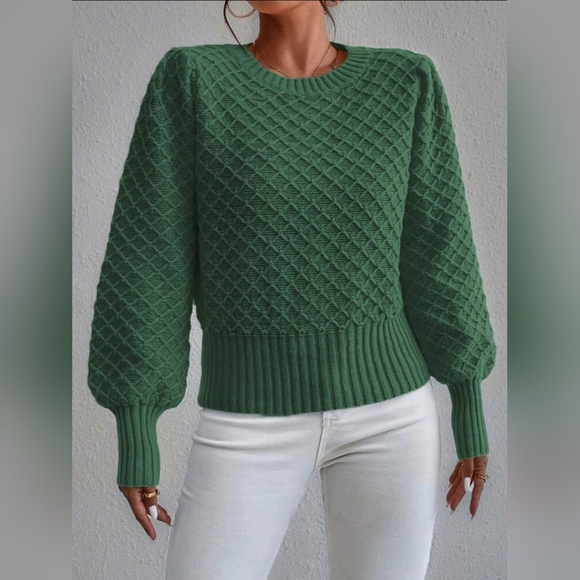 New Chic Chunky Argyle Knit Sweater Top Pullover Green - Picture 6 of 9